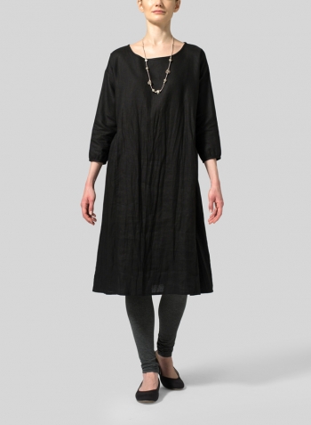 Black Linen A-Line Round Neck Dress Set