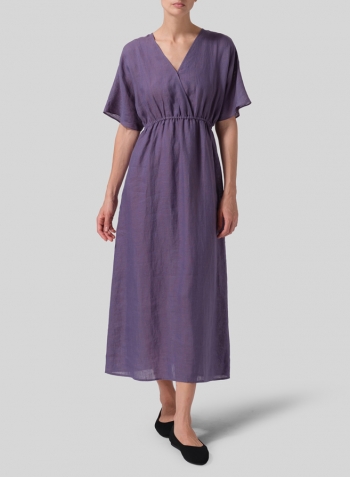 Dark Slate Purple Linen V-Neck Dolman Sleeves Dress