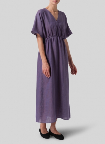 Dark Slate Purple Linen V-Neck Dolman Sleeves Dress