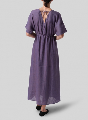 Dark Slate Purple Linen V-Neck Dolman Sleeves Dress