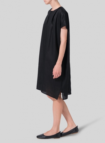 Black Linen Straight Cut V-neck Pleated Tunic