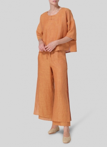 Golden Brown Linen Dropped Shoulder Handmade Knot Button Top