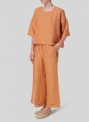 Golden Brown Linen Dropped Shoulder Handmade Knot Button Top