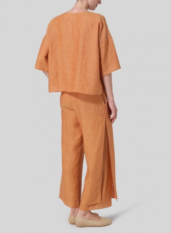 Golden Brown Linen Dropped Shoulder Handmade Knot Button Top