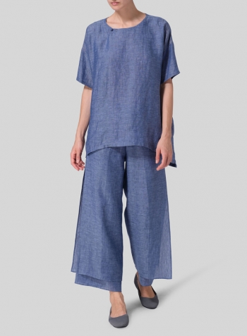 Azure Blue Linen Relaxed Handmade Knot Buttons Top