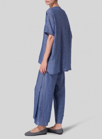 Azure Blue Linen Relaxed Handmade Knot Buttons Top