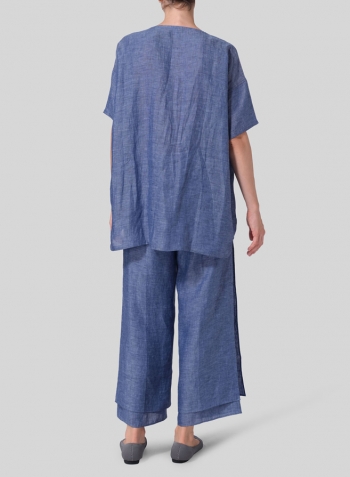 Azure Blue Linen Relaxed Handmade Knot Buttons Top