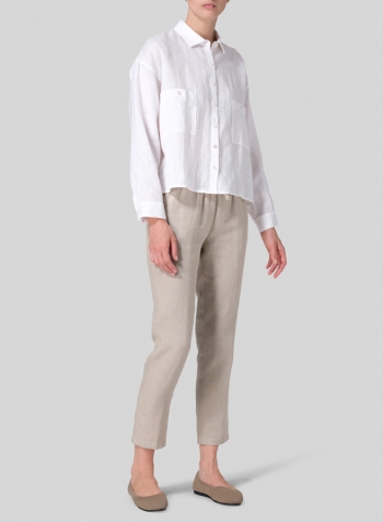 White Linen Sloped Shoulder Wide Boxes with Collar Cropped Shirt