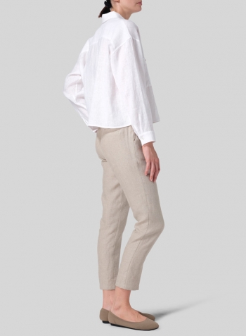White Linen Sloped Shoulder Wide Boxes with Collar Cropped Shirt
