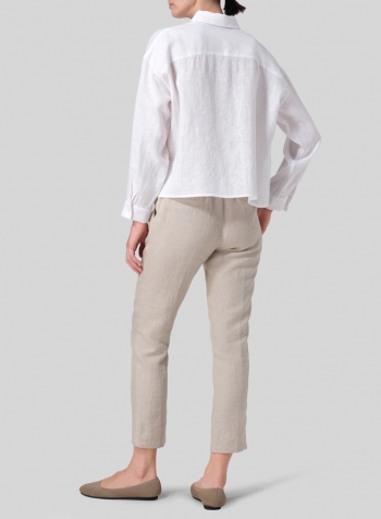 White Linen Sloped Shoulder Wide Boxes with Collar Cropped Shirt