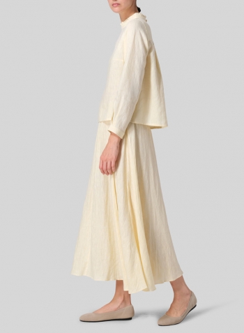 Lemon Chiffon Linen Ruffle Stand Collar Cropped Blouse Set