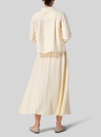 Lemon Chiffon Linen Ruffle Stand Collar Cropped Blouse Set