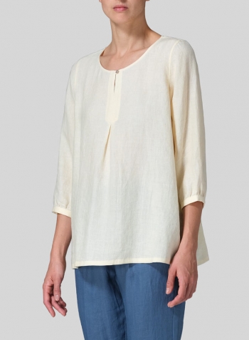 Soft Yellow Linen Half Sleeve Inverted Front Pleat Blouse
