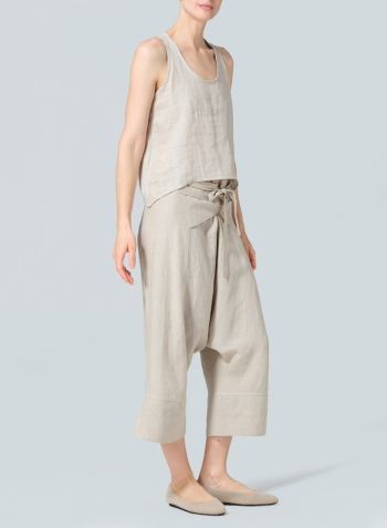 Oat Linen Tie Waist Cropped Loose Pants