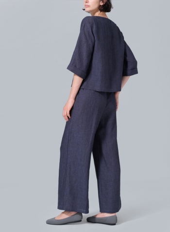 Dark Denim Linen Wide Sleeves V-Neckline Blouse