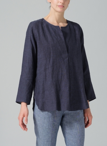 Dark Denim Linen L/S Relaxed Fit Blouse