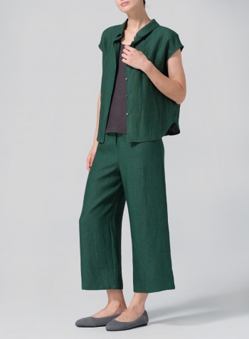 Green Linen Collared Neckline Cap Sleeves Top Set