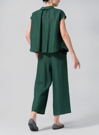 Green Linen Collared Neckline Cap Sleeves Top Set