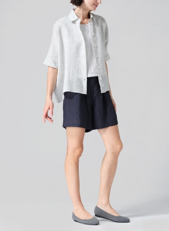 Blue White Weave Linen Boxy Sleeves Shirt Set