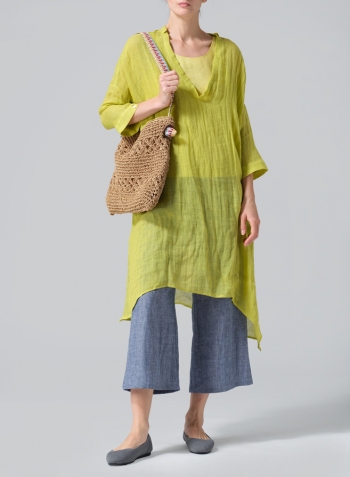 Yellow Woven Linen Roll Sleeve Deep V-neck Tunic Set