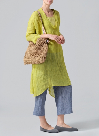 Yellow Woven Linen Roll Sleeve Deep V-neck Tunic Set