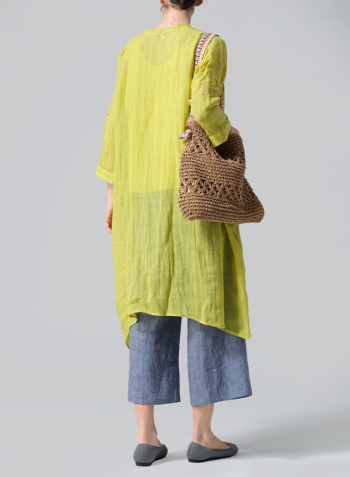 Yellow Woven Linen Roll Sleeve Deep V-neck Tunic Set
