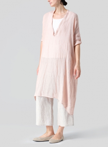 Madeira Pink Woven Linen Roll Sleeve Deep V-neck Tunic Set