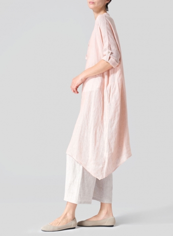 Madeira Pink Woven Linen Roll Sleeve Deep V-neck Tunic Set