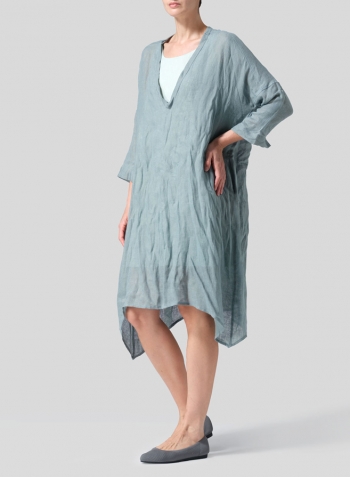 Green Gray Woven Linen Roll Sleeve Deep V-neck Tunic