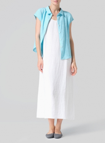 Aqua Blue Linen Collared Neckline Cap Sleeves Top Set