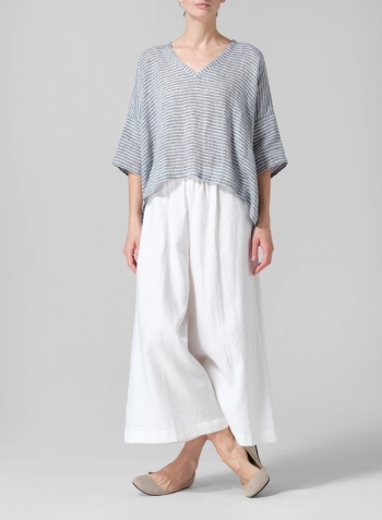 Blue White Weave Linen Loose Deep V-Neck Top Set