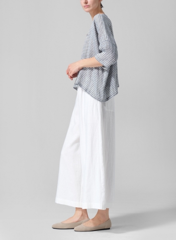 Blue White Weave Linen Loose Deep V-Neck Top Set