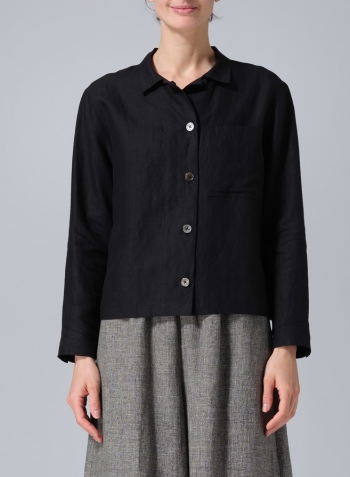 Black Linen Cropped Shirt Jacket with Pockets