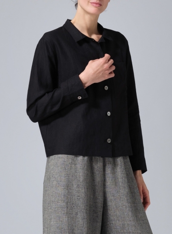 Black Linen Cropped Shirt Jacket with Pockets