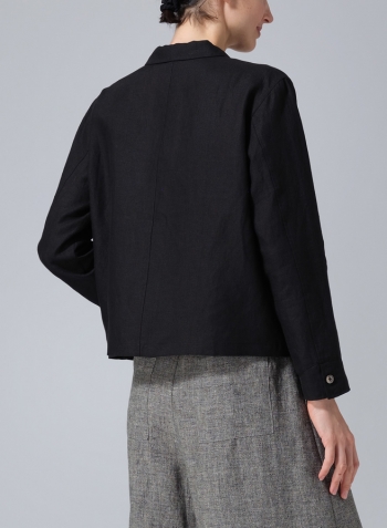 Black Linen Cropped Shirt Jacket with Pockets