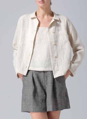 Oat Linen Cropped Shirt Jacket with Pockets