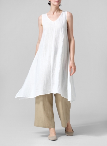 Creamy White Linen Sleeveless Crumple Effect Long Blouse Set