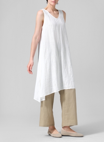 Creamy White Linen Sleeveless Crumple Effect Long Blouse Set