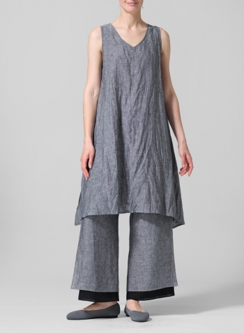 Two Tone Black Linen Sleeveless Crumple Effect Long Blouse Set