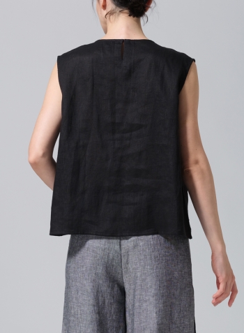 Black Linen A-Line French Sleeve Blouse