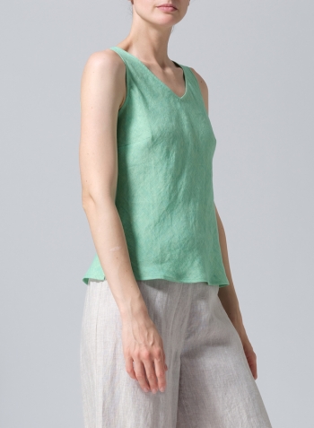 Two Tone Yellow Green Linen V-Neck Sleeveless Bias Cut Tank