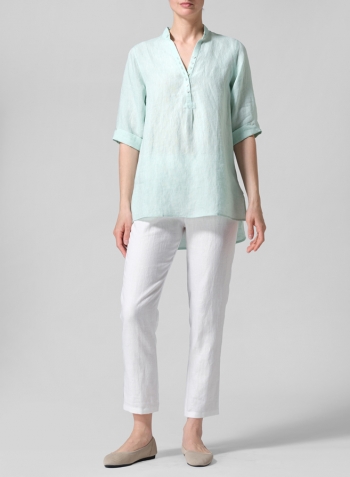 Soft Light Green Linen V-Neck Three-quarter Sleeves Shirt