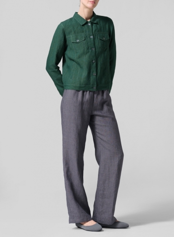 Green Linen Button Front Cropped Jacket