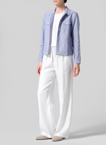 Pale Blue Linen Button Front Cropped Jacket