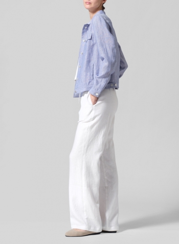 Pale Blue Linen Button Front Cropped Jacket
