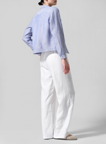 Pale Blue Linen Button Front Cropped Jacket