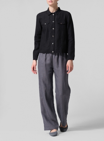 Black Linen Button Front Cropped Jacket