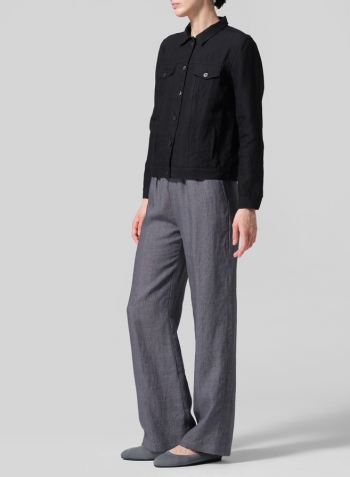 Black Linen Button Front Cropped Jacket