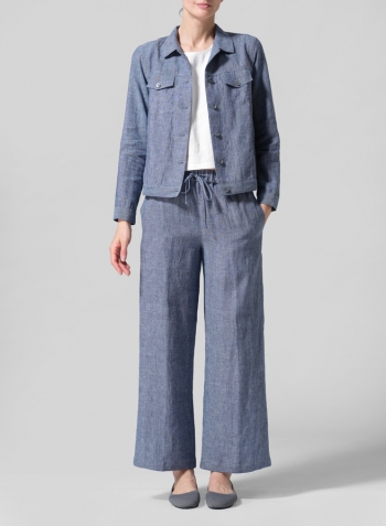 Denim Blue Linen Button Front Cropped Jacket Set