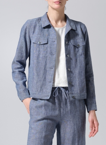 Denim Blue Linen Button Front Cropped Jacket Set